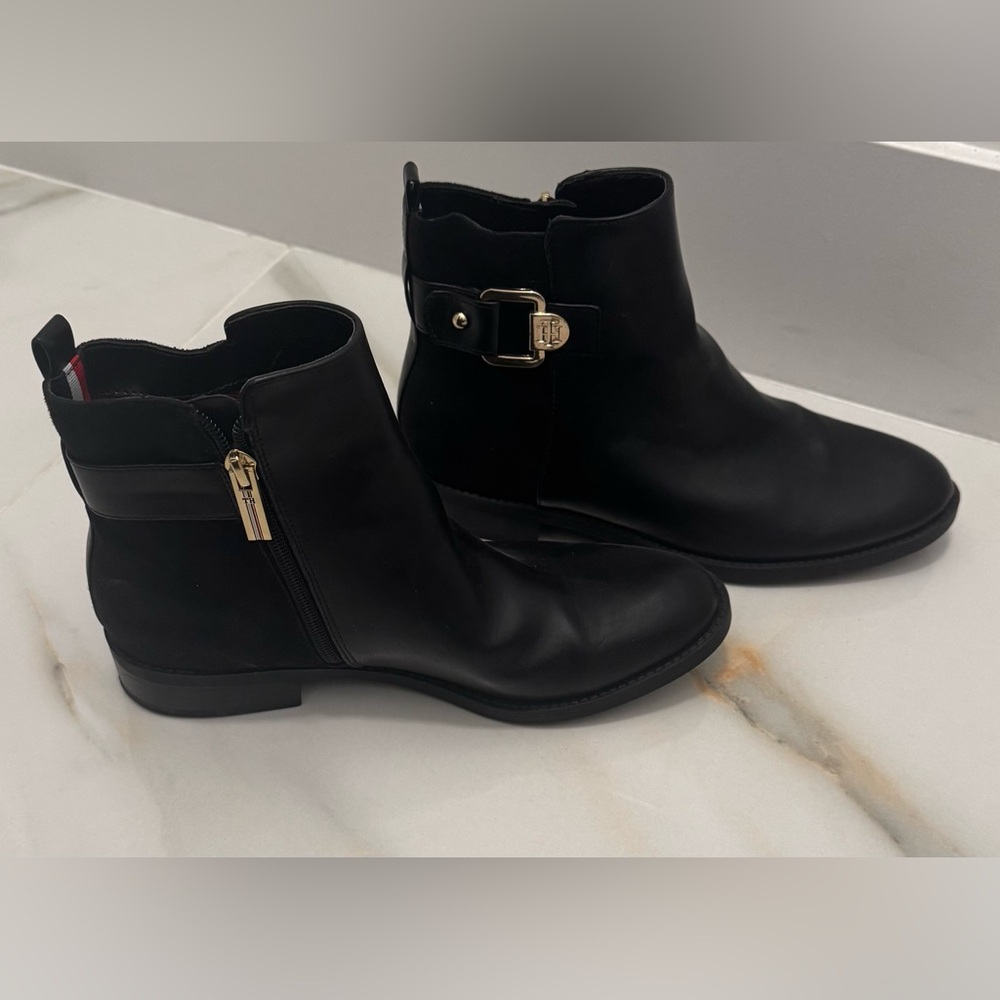 Tommy Hilfiger Black Ankle Boots with Gold Accents ., New
